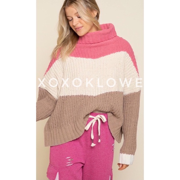POL PLUS Pink 3 Tone Color Block Sweater Turtleneck Oversize Fit - Picture 13 of 14